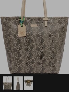Beige Snake-Print Tote Bag with Leather Trim